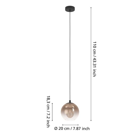 Eglo ariscani 1 lampada a sospensione 20cm per camera da letto moderna nera con sfera ramata