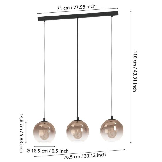 Eglo ariscani 1 lampadario 3 luci 76,5cm per cucina moderno nero con sfere ramate