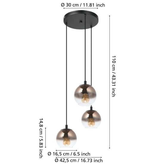 Eglo ariscani 1 lampadario 3 luci 42,5cm per cucina moderno nero con sfere ramate