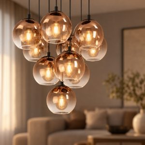 Eglo ariscani 1 lampadario 10 luci 64,5cm per sala da pranzo moderno nero con sfere ramate
