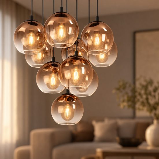 Eglo ariscani 1 lampadario 10 luci 64,5cm per sala da pranzo moderno nero con sfere ramate