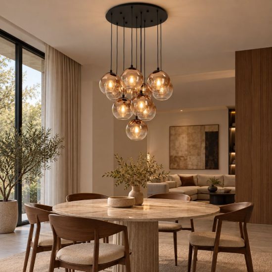Eglo ariscani 1 lampadario 10 luci 64,5cm per sala da pranzo moderno nero con sfere ramate