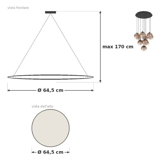 Eglo ariscani 1 lampadario 10 luci 64,5cm per sala da pranzo moderno nero con sfere ramate