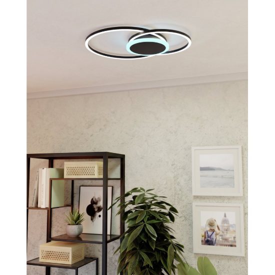Eglo amandolo 2 plafoniera led 22w rgb 2700k 6500k 52cm con telecomando per soggiorno moderna due anelli nera