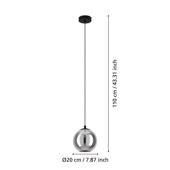 Eglo ariscani lampada a sospensione 20cm per camera da letto moderna nera con sfera fumé