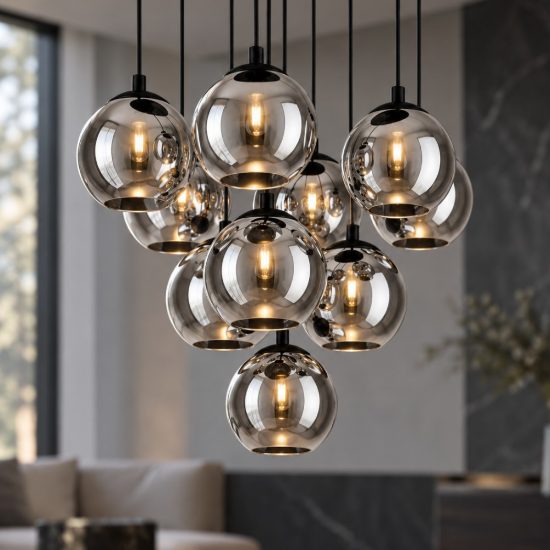 Eglo ariscani lampadario a sospensione 10 luci 65,5cm per sala da pranzo moderno nero con sfere fumé