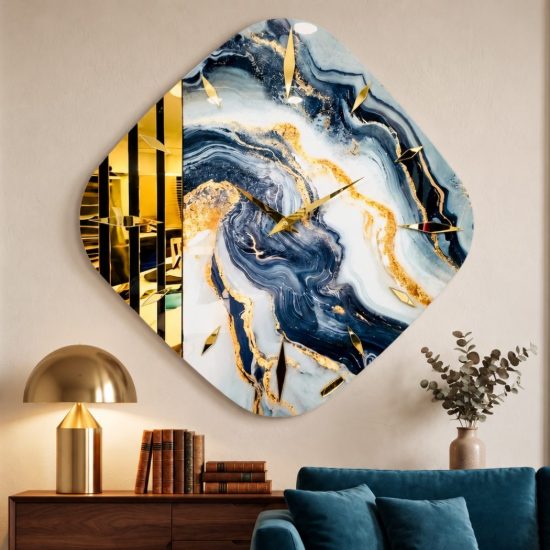 Orologio rombo moderno a parete effetto resina blu dettagli oro lucido 70x70cm