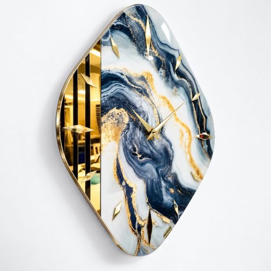 Orologio rombo moderno a parete effetto resina blu dettagli oro lucido 70x70cm