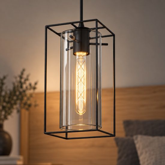 Eglo loncino lampada a sospensione 15cm per camera da letto industriale nera con vetro fumé