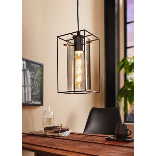 Eglo loncino lampada a sospensione 15cm per camera da letto industriale nera con vetro fumé