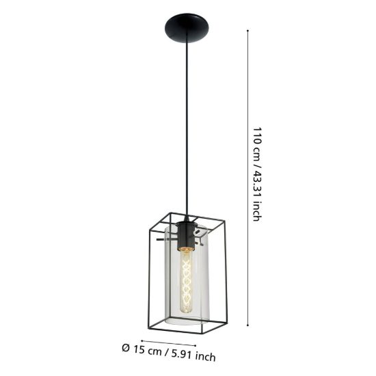 Eglo loncino lampada a sospensione 15cm per camera da letto industriale nera con vetro fumé