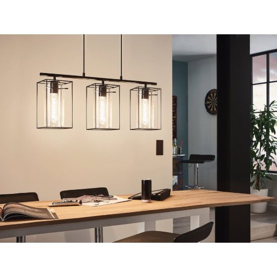 Eglo loncino lampadario a sospensione 3 luci 74,5cm per cucina industriale nero con vetri fumé