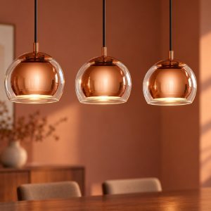 Eglo rocamar lampadario a sospensione 3 luci 78cm per cucina moderno rame con vetri trasparenti