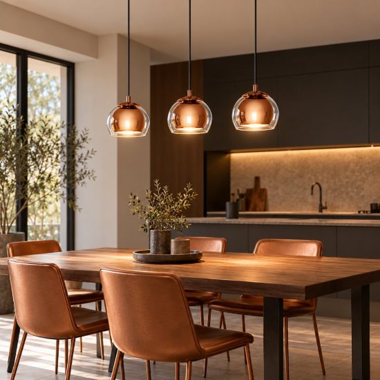 Eglo rocamar lampadario a sospensione 3 luci 78cm per cucina moderno rame con vetri trasparenti
