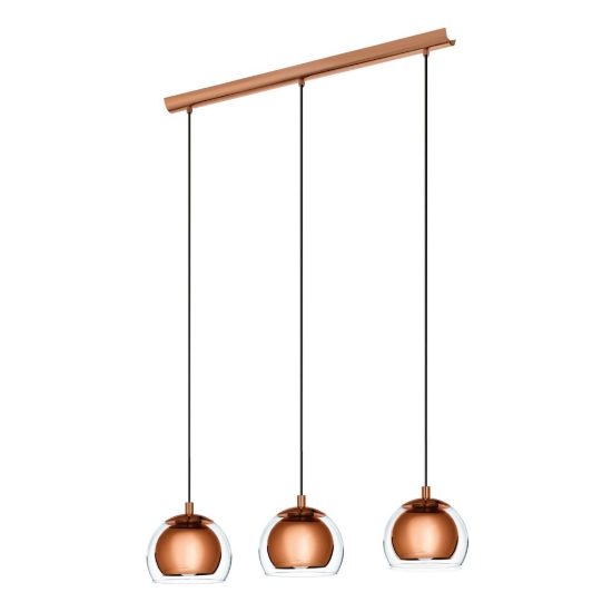 Eglo rocamar lampadario a sospensione 3 luci 78cm per cucina moderno rame con vetri trasparenti