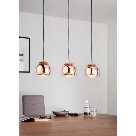 Eglo rocamar lampadario a sospensione 3 luci 78cm per cucina moderno rame con vetri trasparenti