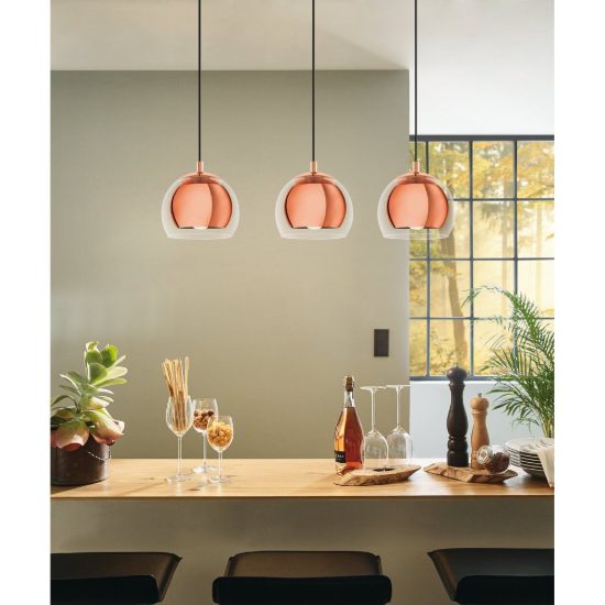 Eglo rocamar lampadario a sospensione 3 luci 78cm per cucina moderno rame con vetri trasparenti