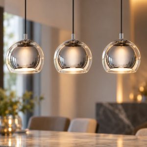 Eglo rocamar lampadario a sospensione 3 luci 78cm per cucina moderno cromato con vetri trasparenti