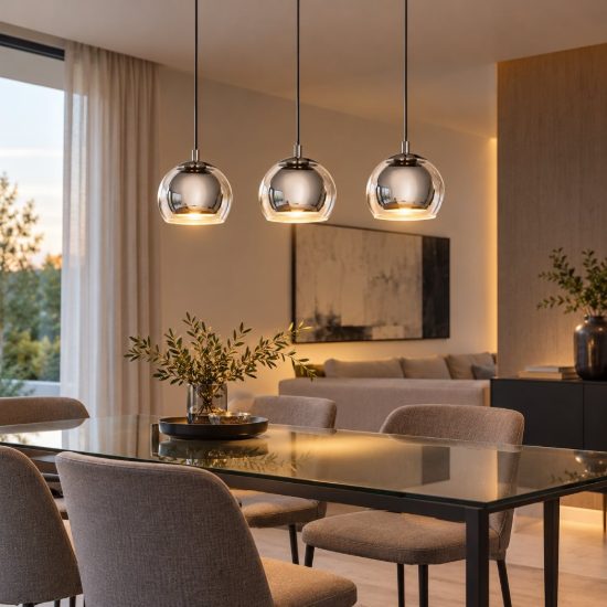 Eglo rocamar lampadario a sospensione 3 luci 78cm per cucina moderno cromato con vetri trasparenti