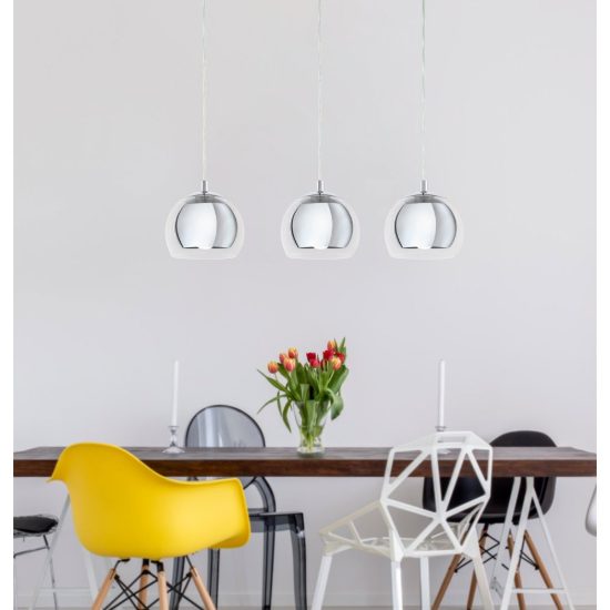 Eglo rocamar lampadario a sospensione 3 luci 78cm per cucina moderno cromato con vetri trasparenti