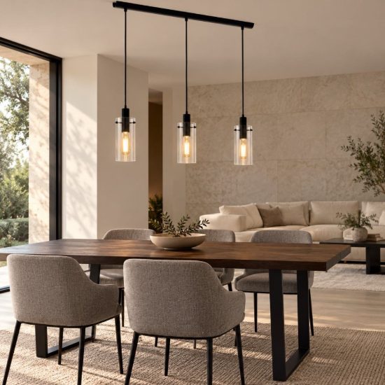 Eglo montefino lampadario 3 luci 73cm per cucina moderno nero con vetri trasparenti