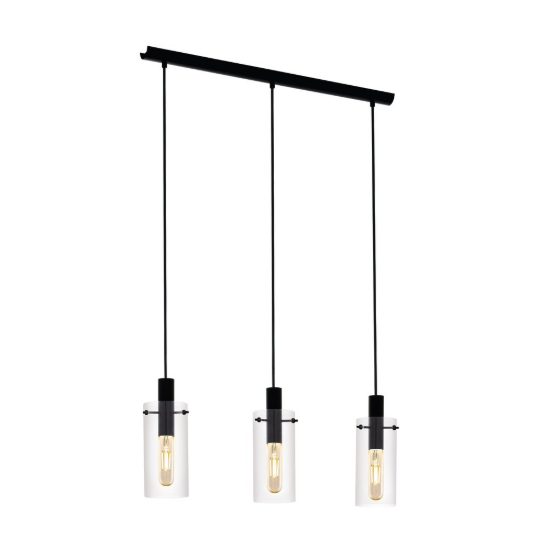 Eglo montefino lampadario 3 luci 73cm per cucina moderno nero con vetri trasparenti