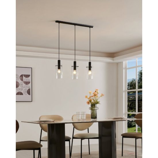 Eglo montefino lampadario 3 luci 73cm per cucina moderno nero con vetri trasparenti