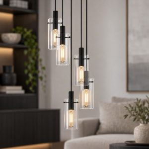 Eglo montefino lampadario 5 luci 35cm per sala da pranzo moderno nero con vetri trasparenti