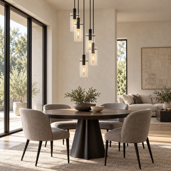 Eglo montefino lampadario 5 luci 35cm per sala da pranzo moderno nero con vetri trasparenti