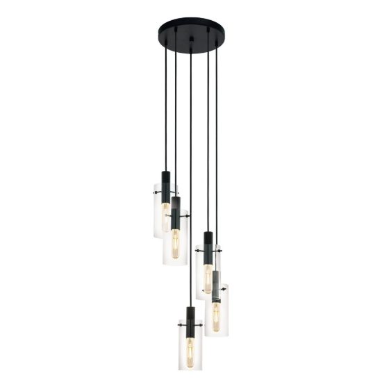 Eglo montefino lampadario 5 luci 35cm per sala da pranzo moderno nero con vetri trasparenti