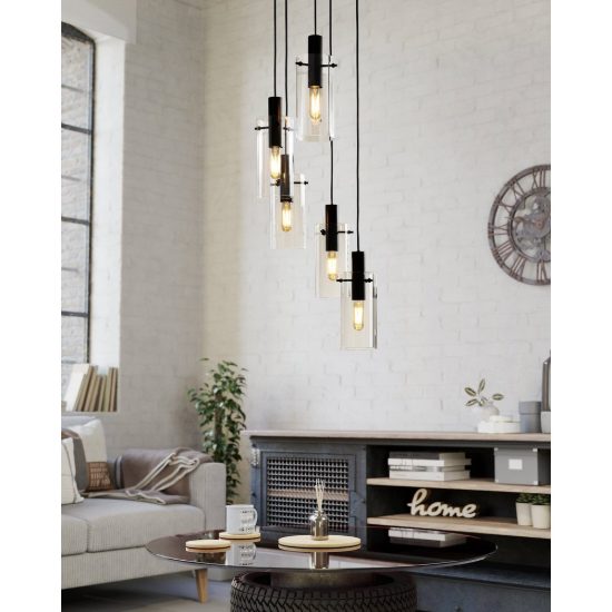 Eglo montefino lampadario 5 luci 35cm per sala da pranzo moderno nero con vetri trasparenti