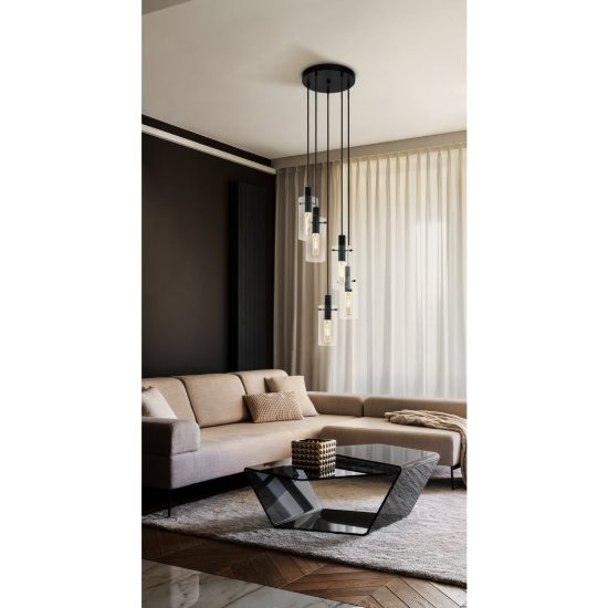 Eglo montefino lampadario 5 luci 35cm per sala da pranzo moderno nero con vetri trasparenti