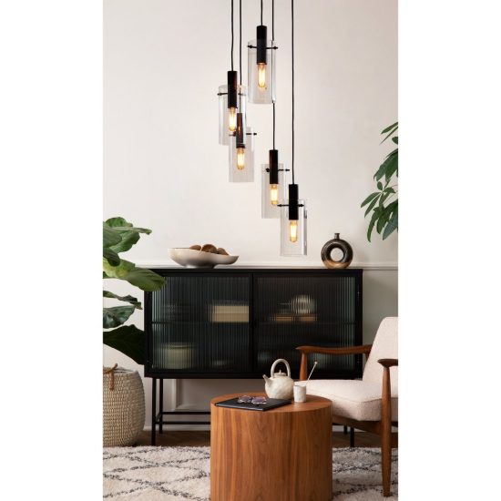 Eglo montefino lampadario 5 luci 35cm per sala da pranzo moderno nero con vetri trasparenti