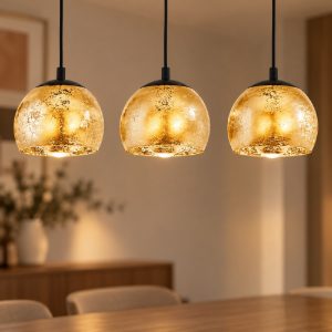 Eglo albaraccin lampadario a sospensione 3 luci 78cm per cucina moderno nero con vetri oro