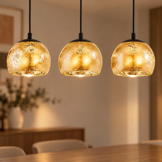 Eglo albaraccin lampadario a sospensione 3 luci 78cm per cucina moderno nero con vetri oro