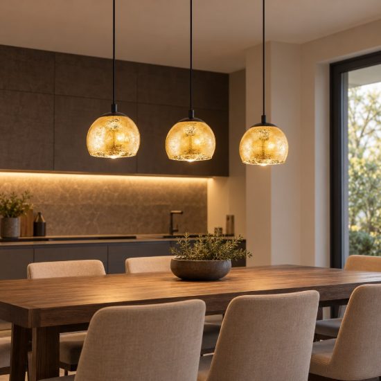 Eglo albaraccin lampadario a sospensione 3 luci 78cm per cucina moderno nero con vetri oro