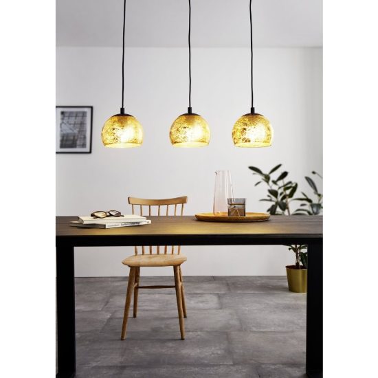 Eglo albaraccin lampadario a sospensione 3 luci 78cm per cucina moderno nero con vetri oro