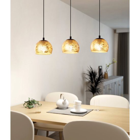 Eglo albaraccin lampadario a sospensione 3 luci 78cm per cucina moderno nero con vetri oro