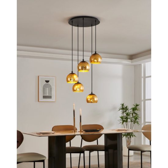 Eglo albaraccin lampadario a sospensione 5 luci 58,5cm per sala da pranzo moderno nero con vetri oro