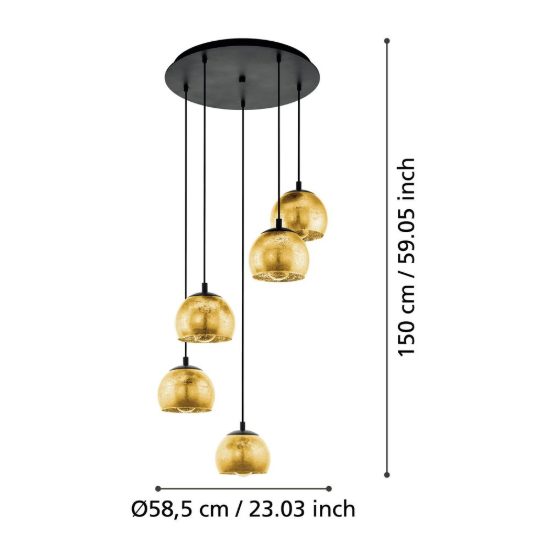 Eglo albaraccin lampadario a sospensione 5 luci 58,5cm per sala da pranzo moderno nero con vetri oro