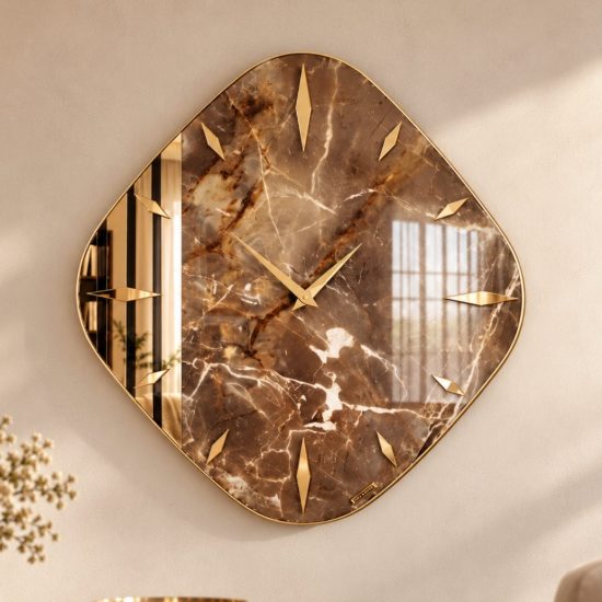 Orologio da parete in resina design rombo effetto marmo dettagli oro lucido 50x50cm