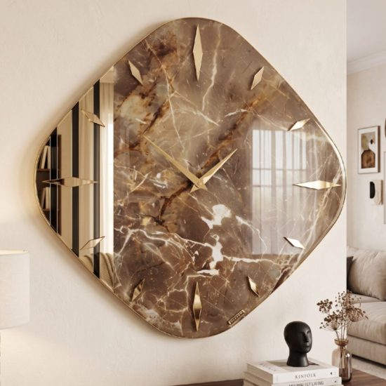 Orologio da parete in resina design rombo effetto marmo dettagli oro lucido 50x50cm
