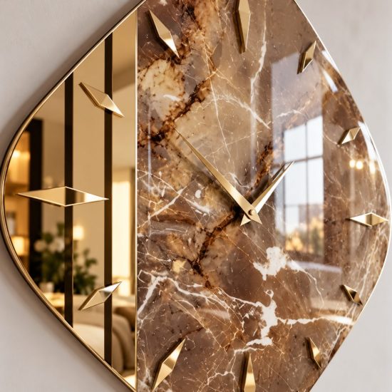 Orologio da parete in resina design rombo effetto marmo dettagli oro lucido 50x50cm