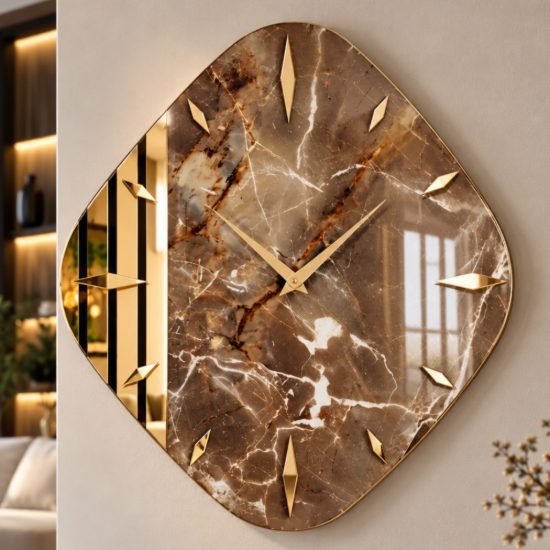 Orologio da parete moderno in resina design rombo dettagli oro specchiato 70x70cm