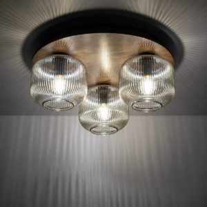 Plafoniera per sala da pranzo in legno tonda con sfere di vetro rigato cognac