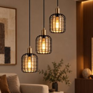Eglo chisle lampadario 3 luci 42,5cm per cucina industriale nero e bronzo con vetri ambra