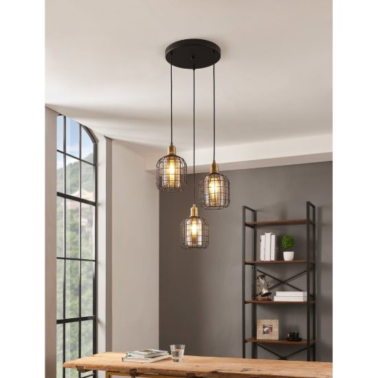 Eglo chisle lampadario 3 luci 42,5cm per cucina industriale nero e bronzo con vetri ambra