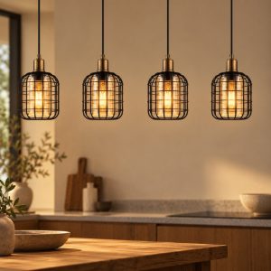 Eglo chisle lampadario 4 luci 130cm per sala da pranzo industriale nero e bronzo con vetri ambra