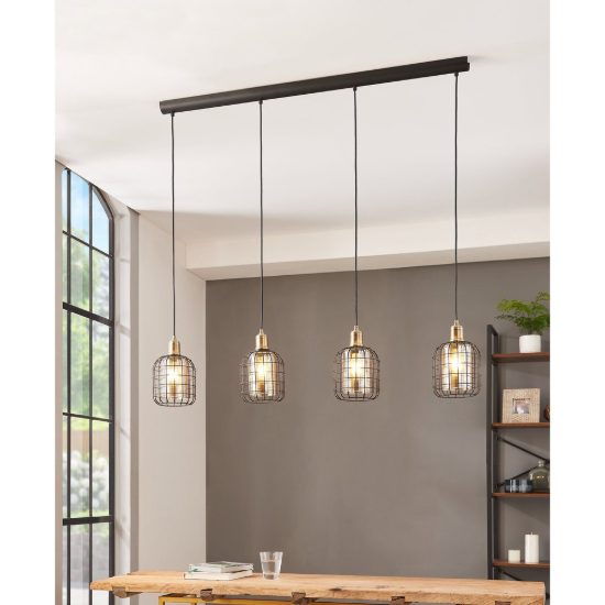 Eglo chisle lampadario 4 luci 130cm per sala da pranzo industriale nero e bronzo con vetri ambra
