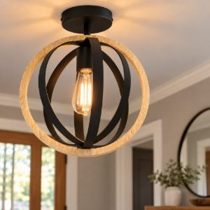 Eglo basildon plafoniera per soggiorno moderna nero e marrone legno 32cm
